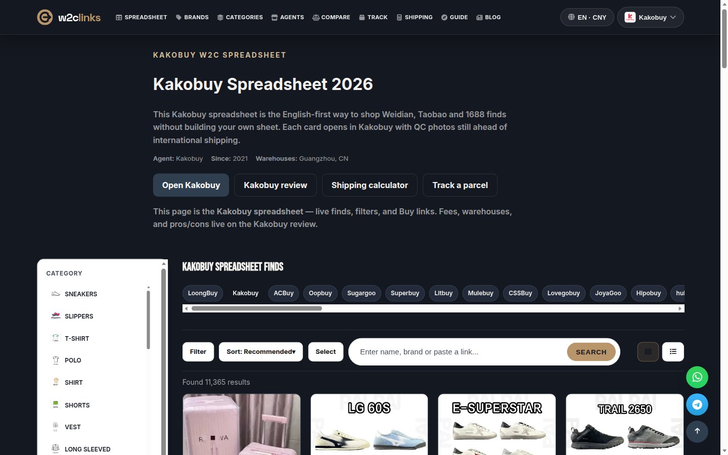 Kakobuy-katalogi w2clinksissä: tuotekortit, joissa kuva, merkki ja viitehinta